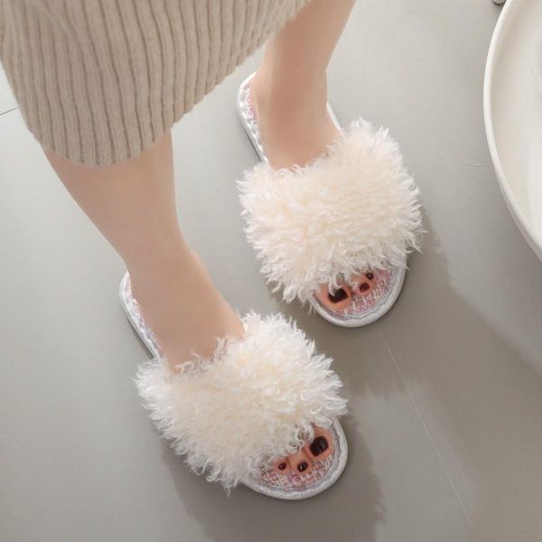 

fashion women slippers home slides indoor plush autumn winter female flat shoes ladies comfort fur wool footwear, Black