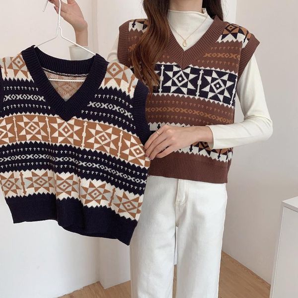 

women's sweaters autumn winter sweater vest ins v-neck knitted sleeveless vintage short loose female pullovers, White;black