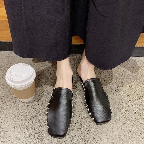 

slippers ladies outside spring half drag solid color comfortable flat bottom soft skin-friendly elegant dating shoes u30-11, Black