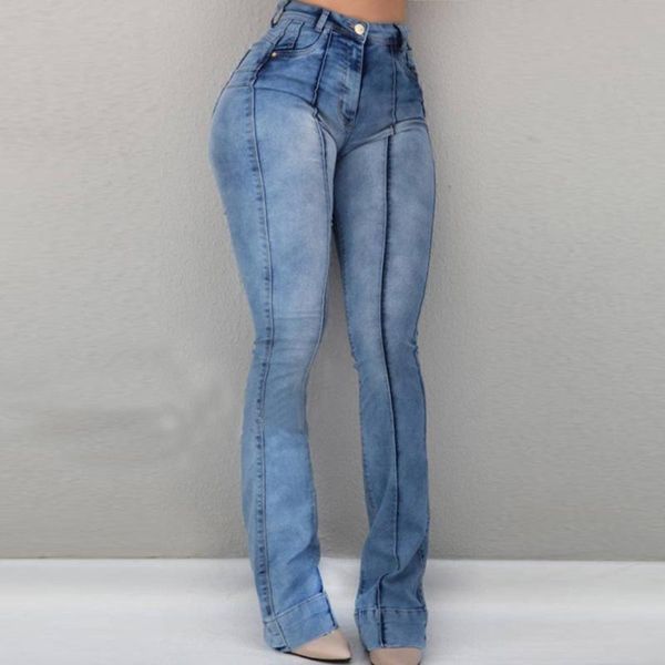 

women's high waist pocket wide leg jeans flared skinny trousers zipper full length pants pantalon jean femme 50, Blue