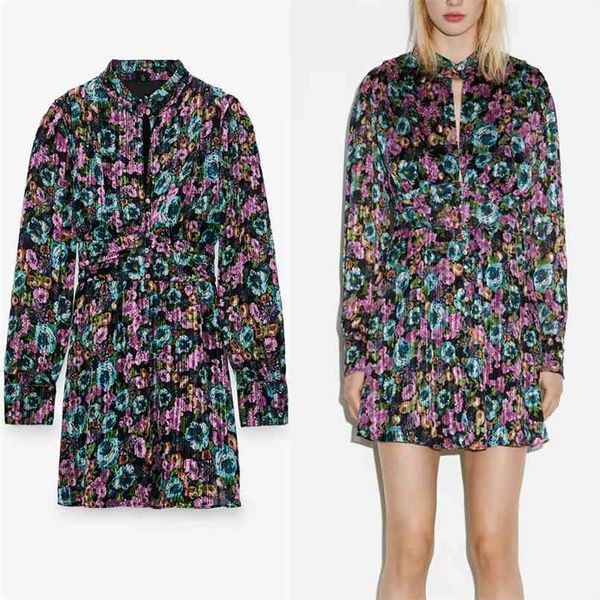 

floral metallic thread mini dress women vintage long sleeve high collar es woman fashion pleated lining party 210524, Black;gray