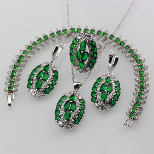 

earrings & necklace 11.11 exclusive green cubic zirconia big jewelry sets silver color trendy costume dangle earrings/bracelet and ring