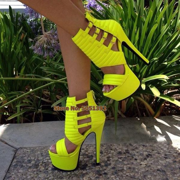 

dress shoes women high thin heel peep toe yellow sandals platform side hollow out metal buckle decoration nightclub plus size, Black