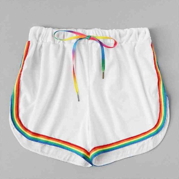 

women casual rainbow print sports shorts women mid elastic waist with sashes shorts running korte broek dames, White;black