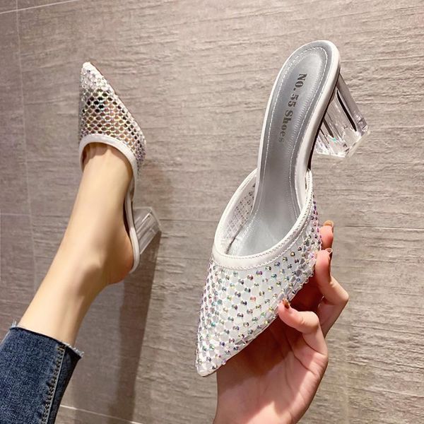 

slippers korean fashion pointed shallow mouth high heels net red rhinestone sandals thick heel yarn was thin and empty women's shoes, Black