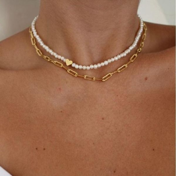 

chokers double layer necklace pearl love chocker female minor design sense wearing paper clip chain, Golden;silver