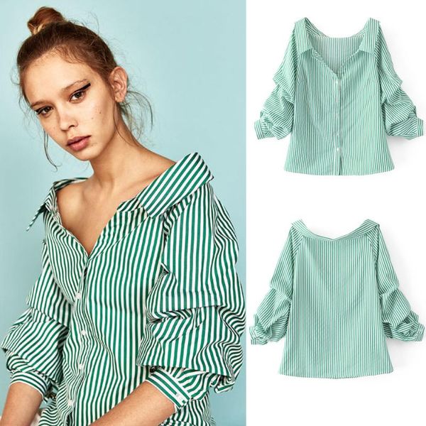 

women's blouses & shirts women chic one-word neckline off-the-shoulder stripe blouse autumn ladies button long sleeve shirt, White