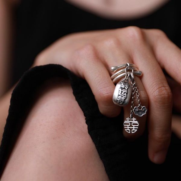 

cluster rings blessing 925 silver accessories handmade chinese style retro women's tassel special sterling ring light luxury minority e, Golden;silver