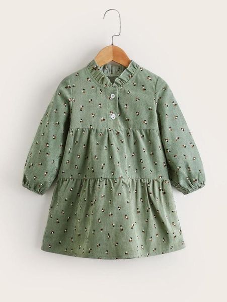 

toddler girls geo print bishop sleeve ruffle hem corduroy dress she, Red;yellow