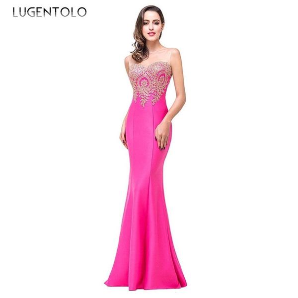 

casual dresses lugentolo party women elegant dress back cutout perspective applique slim-fit fishtail lady sleeveless dinner, Black;gray