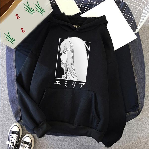 

men's hoodies & sweatshirts 2021 re:zero -starting life in another world hoodie anime emilia print harajuku street long sleeve korean c, Black