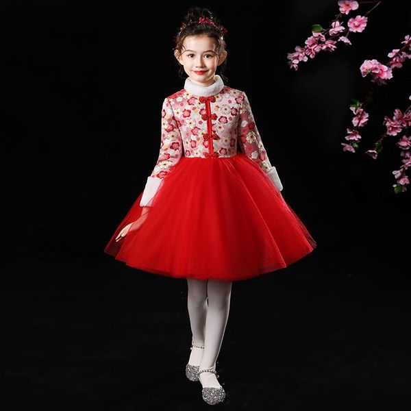 

girls qipao dress children's tang suit improved chinese princess year thickened fluffy stage costumes ethnic clothing, Red