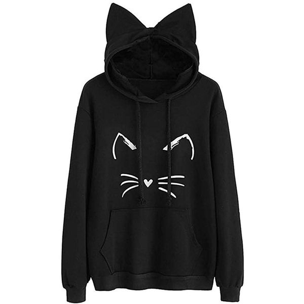 

2020 new cat print ear hooded women's sweater2021, Black