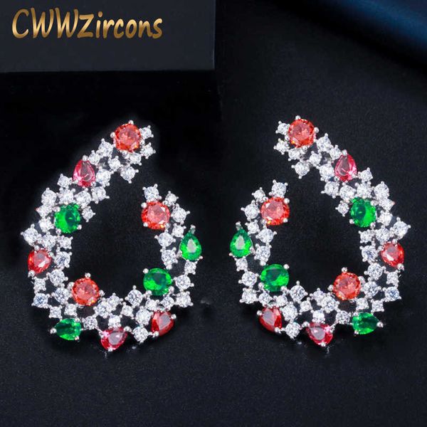

brand design multi red green cubic zirconia big drop earrings fashion jewelry for women cz617 210714, Silver