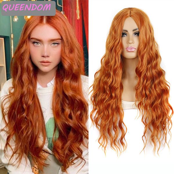 

ginger long water wave wig 26 ginger body wave middle part wig synthetic hair wig natural heat resistant lolita wigs for women, Black