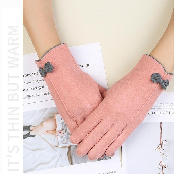 

five fingers gloves bow full finger mittens winter warm faux fur touch screen women elegant ladies, Blue;gray