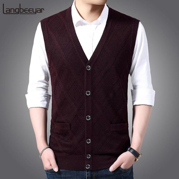 

men's vests 6% wool fashion sleeveless sweater for mens cardigan v neck slim fit jumpers knitwear warm autumn vest casual clothing male, Black;white