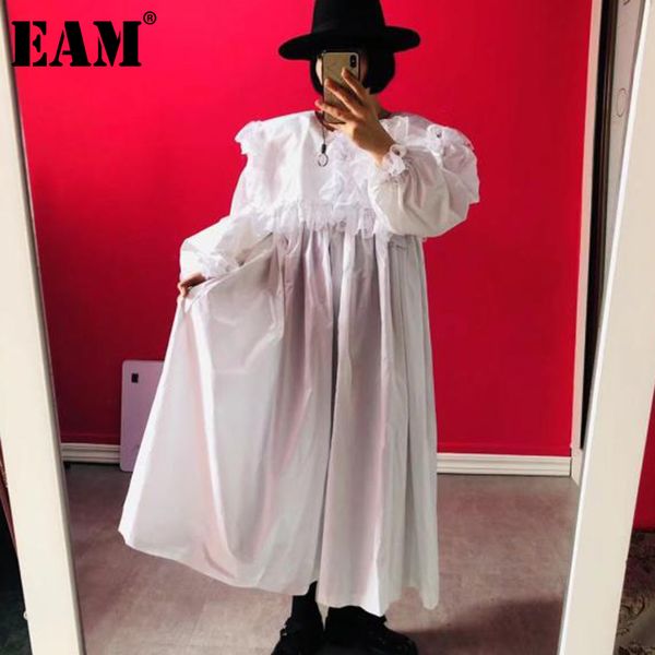 

[eam] women white big size lace ruffles dress round neck long puff sleeve loose fit fashion spring long 1dd6773 210512, Black;gray