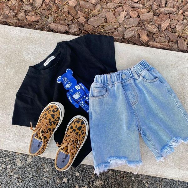 

shorts children denim 2021 summer boys girls solid color all-match fringed knee-length pants, Black