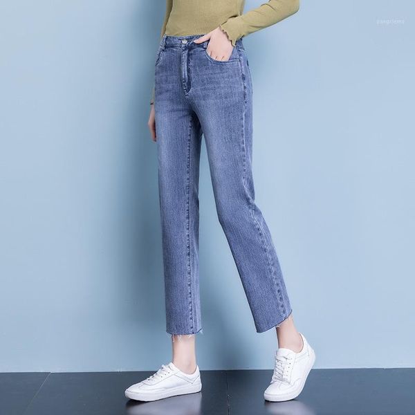 

women's jeans summer of 2021 female small burrs straight tidal stretch elastic waist soft, cultivate morality show thin, 20601, Blue