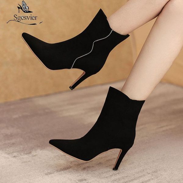 

boots sgesvier black blue women ankle faux suede pointed toe thin high heel ladies short dress autumn winter women's