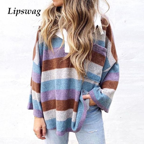 

autumn casual loose striped women sweatshirt 2021 fashion collar pullovers lady elegant long sleeve pocket shirts women's hoodies & sw, Black
