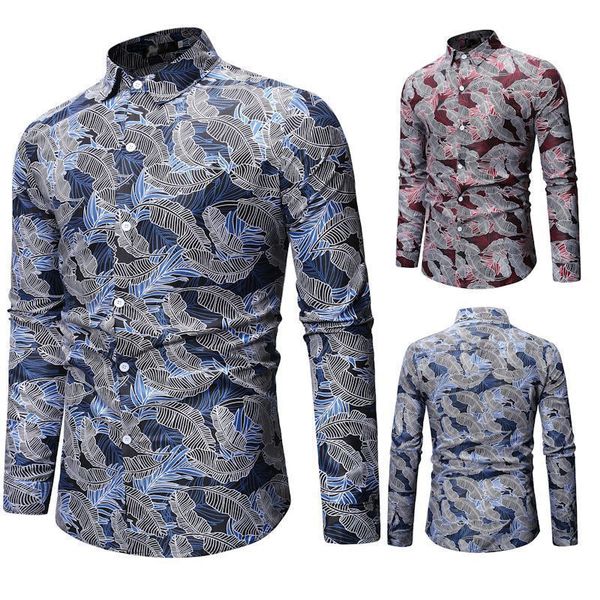 

leaf print shirts men spring autumn long sleeve mens shirt casual slim business camisas hawaii retro oversize chemise homme 210524, White;black