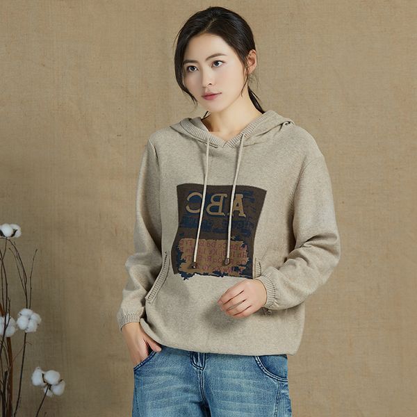 

pure cotton spring v-ne hooded pullover women's sweater, Black