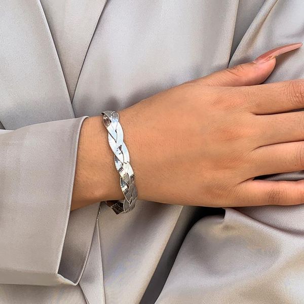 

link, chain trendy copper flat snake twist bracelets for women punk gold silver color metal link jewelry gifts, Black