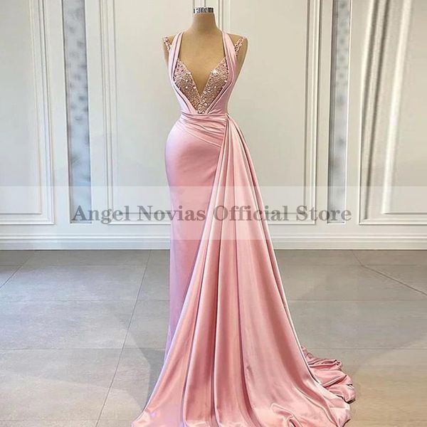

party dresses long mermaid pink satin women's evening 2021 with skirt v neck prom dress vestidos de noche, White;black