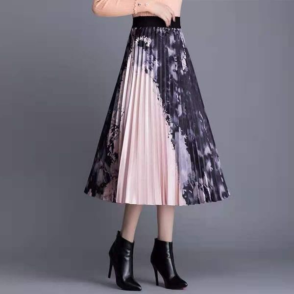 

skirts women elegant prints pleated skirt high waist elastic a-line ladies evening party 2021 female all match bottoms, Black