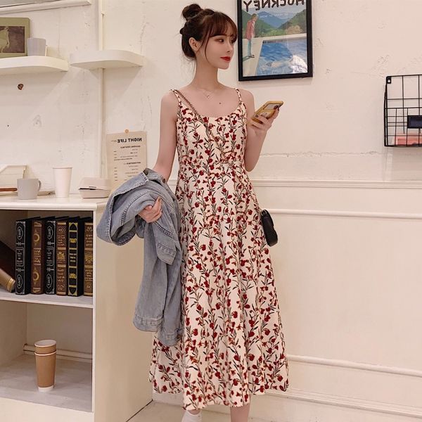 

dresses 2021 summer fat mm new large women's korean fashionable floral slim mid long suspender dress, Black;gray