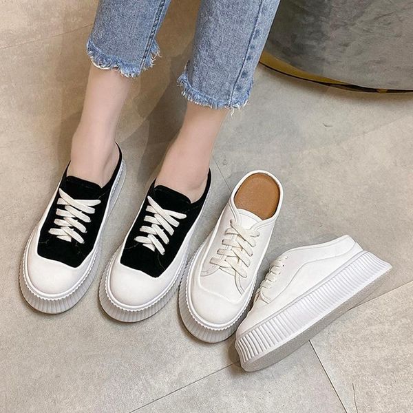 

slippers female shoes house platform med loafers slides cover toe increased internal 2021 flat pu fabric rubber cross-tied, Black