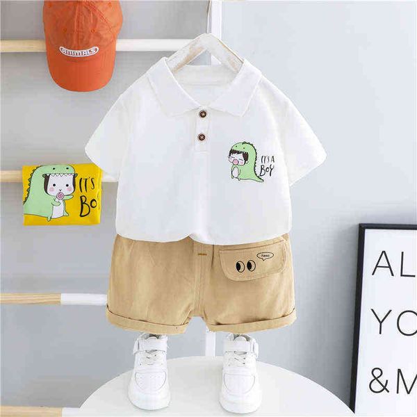 

toddler infant summer clothing sets baby boys cartoon lapel t shirt shorts cartoon dinosaur kids outfits children casual clothes g220310, White