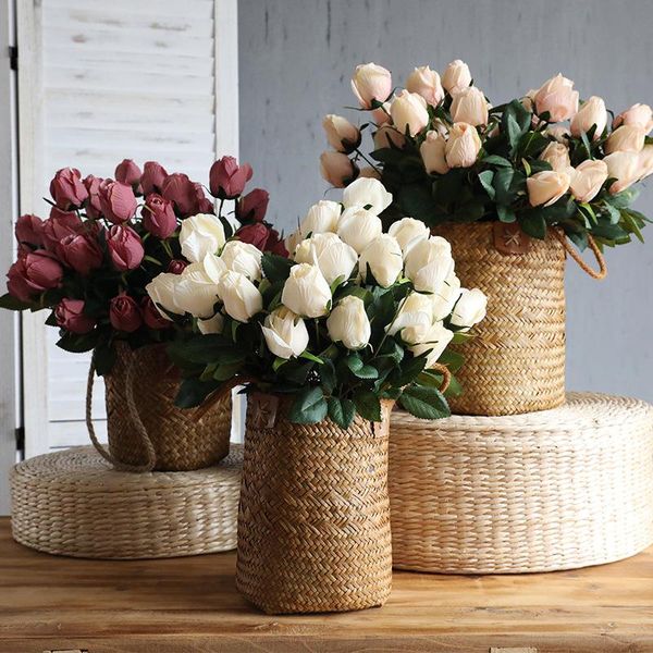 

simple 9 heads vintage rose bouquet pink el restaurant wedding decoration home room decorative artificial fake art flower bud flowers & wrea
