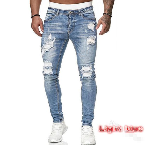 

men's jeans adisputent men's sweatpants hole pants casual summer autumn male ripped skinny trousers slim biker outwears, Blue