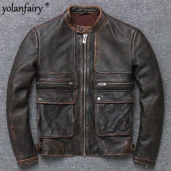 

men's leather & faux autumn jacket men brown genuine fashion cow coat 2021 chaqueta cuero hombre 1655 pph349, Black