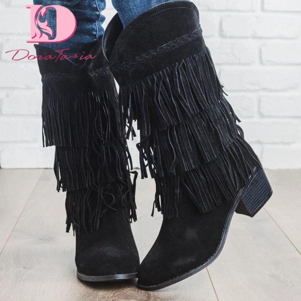 

boots doratasia large sizes 43 brand tassels gypsy style square heels western cowboy woman shoes, Black