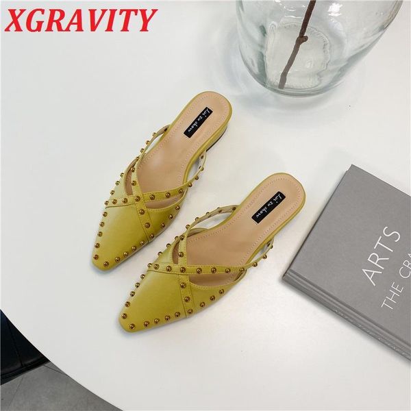 

slippers xgravity cross v design women rivets summer shoes elegant suqare toe woman fashion ladies slides 2021 footwear girl, Black