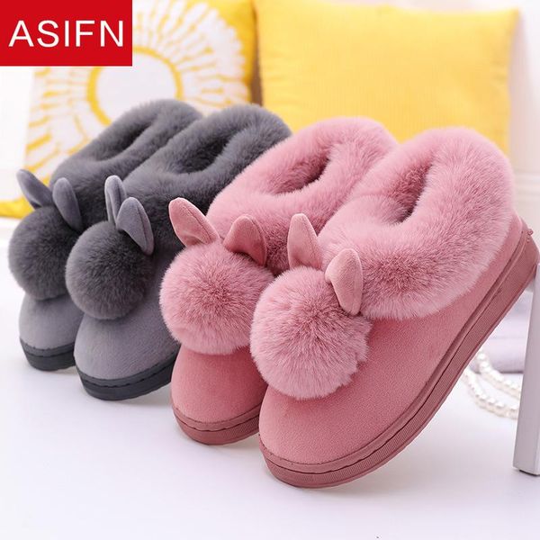 

home winter plush slippers long ears for men women warmth thickening soles indoor cotton flip flop platform shoes, Black