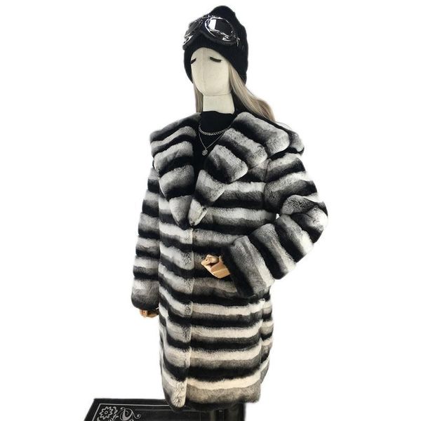 

women's fur & faux real coat long women winter big hood rex jackets striped natural jacket warm thick oversize, Black