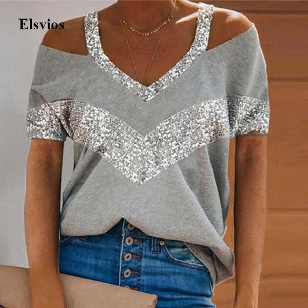 

women's t-shirt casual fashion patchwork sequin loose summer short sleeve women t off shoulder v neck tee stre fyql, White
