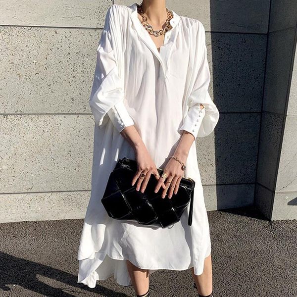 

casual dresses solid simple stand loose medium length irregular split lantern sleeve mid-calf for women x455, Black;gray