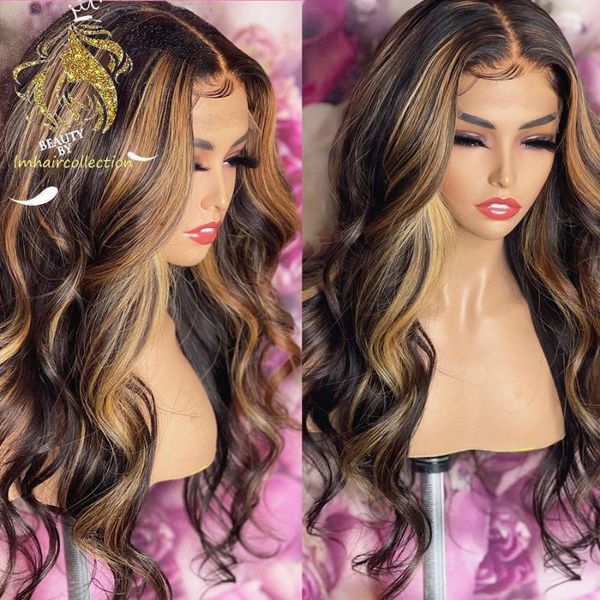 

lace wigs highlight color 13x4 front 180% brazilian remy human hair body wave wig pre plucked hairline, Black;brown