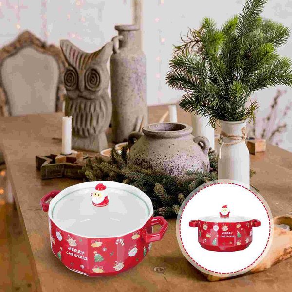 

bowls 1pc durable bowl with lid christmas ceramic noodle container (red)