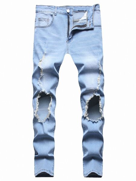 

men cut out ripped washed jeans d46l#, Blue