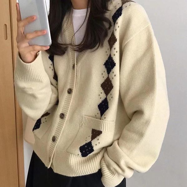 

women's knits & tees vintage argyle sweater cardigan women knitted casual loose v neck single breasted plaid jumper female clothing kor, White
