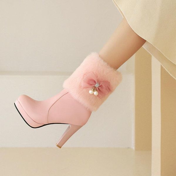 

boots bowties ladies ankle woman warm winter snow round toe high heels platform dress wedding shoes size 34-43, Black