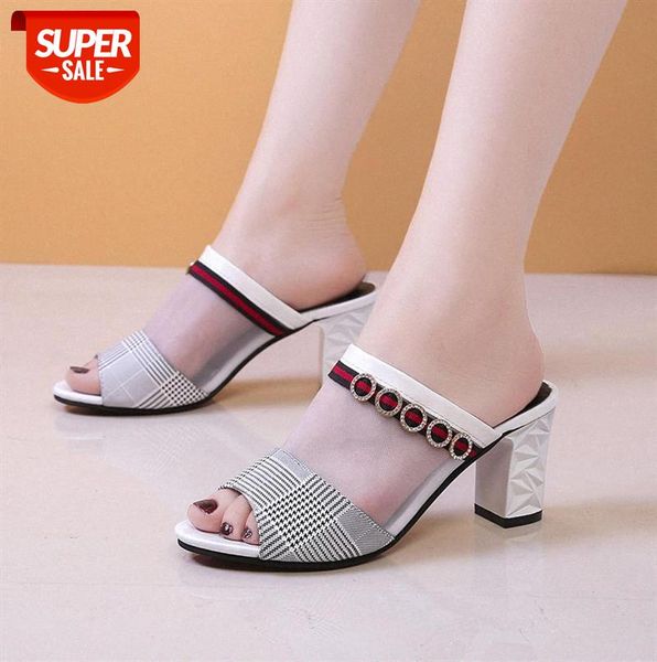 

european and american style fish mouth mesh thick-heeled slippers women's outer wear rhinestone color matching high-heeled #9l9f, Black