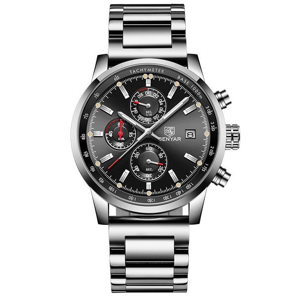 

wristwatches benyar by 5102 stainless steel men chronograph watches sport waterproof quartz, Slivery;brown